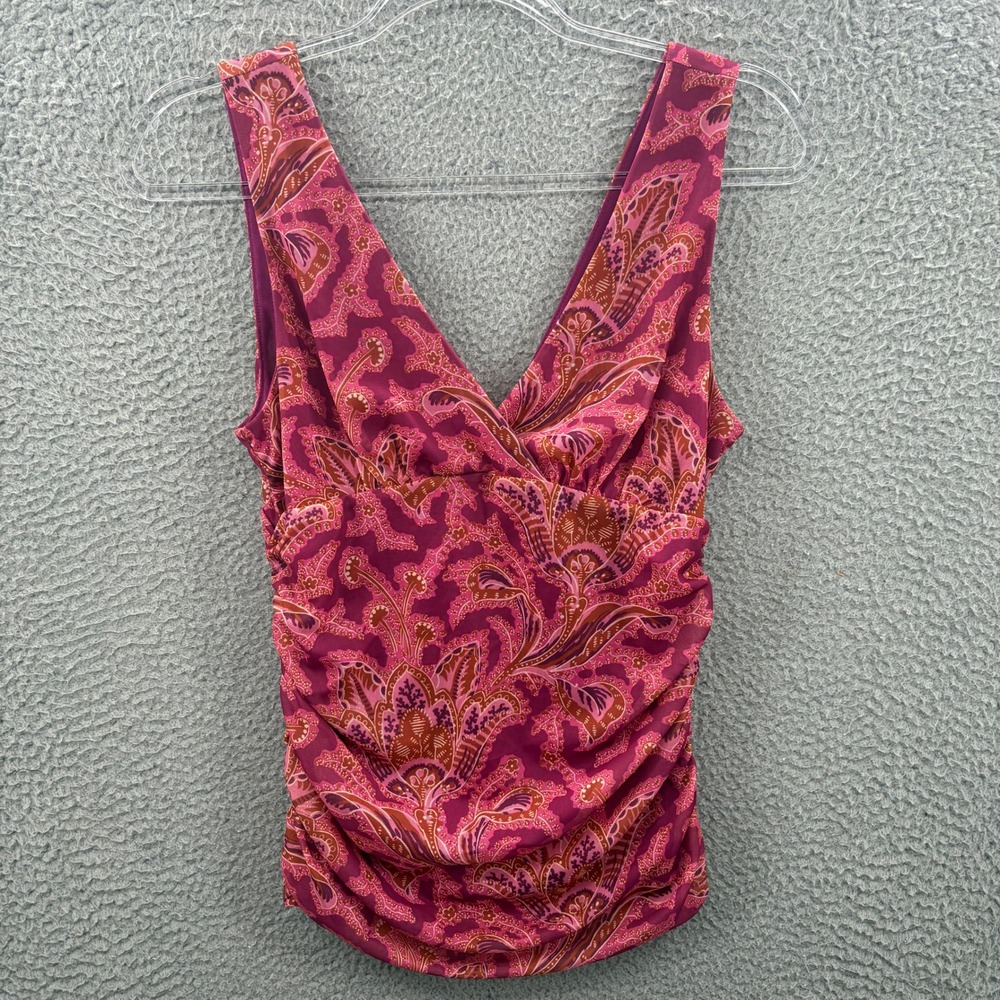 Anthropologie Ruched Tank Top Women S Pink Paisley V-Neck Sleeveless Blouse